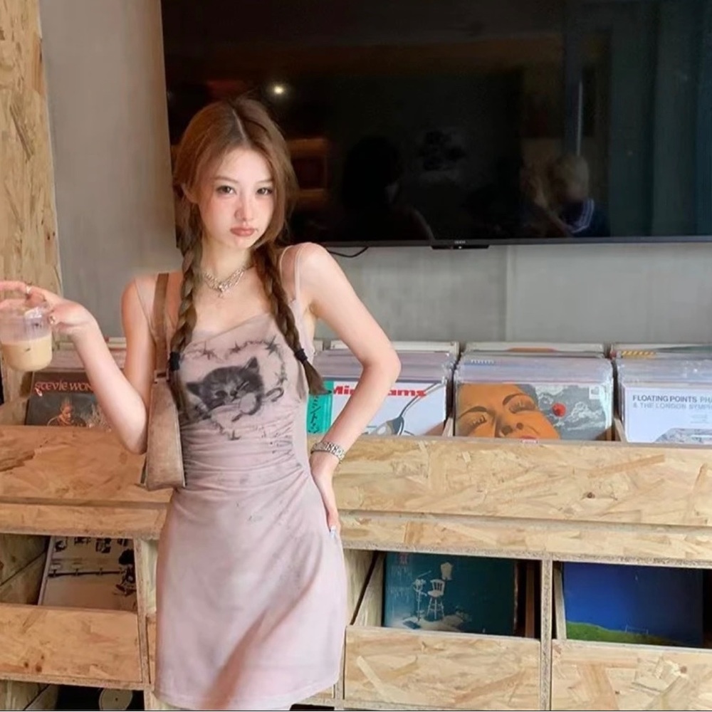 Cat Print Bodycon Sleeveless Dress